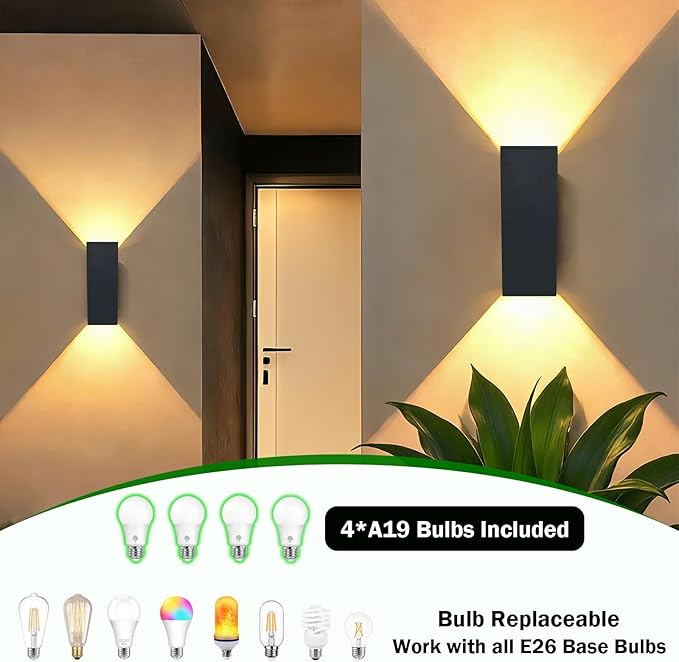 Up and Down Lights Outdoor Wall Light Dusk to Dawn, Exterior Light Fixture Wall Mount 2 Pack, Matte Black Front Porch Light, IP65 Outdoor Wall Sconce for Patio, Garage, Front Door - ETL Listed