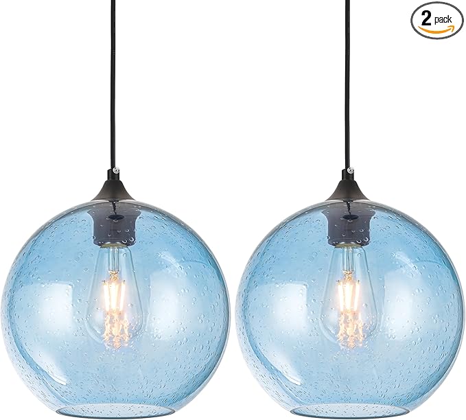 Blue Glass Pendant Lights Kitchen Island Lighting Modern Globe Pendant Light Fixtures Modern Pendant Lights for Kitchen Island Bedroom Living Dining Room Light Fixture-7.8inch 2Pack