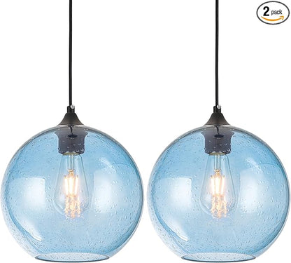Blue Glass Pendant Lights Kitchen Island Lighting Modern Globe Pendant Light Fixtures Modern Pendant Lights for Kitchen Island Bedroom Living Dining Room Light Fixture-7.8inch 2Pack
