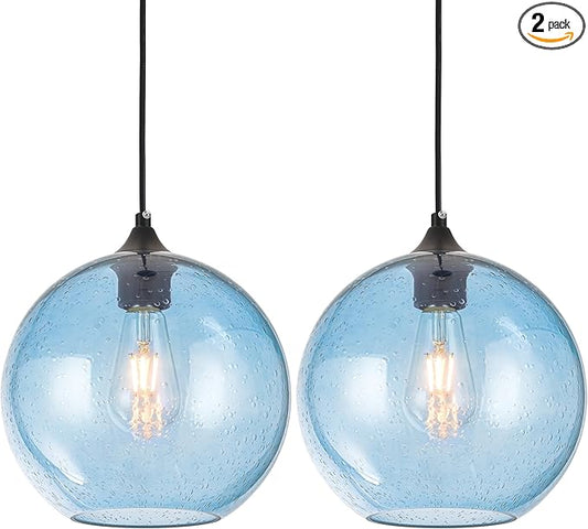 Blue Glass Pendant Lights Kitchen Island Lighting Modern Globe Pendant Light Fixtures Modern Pendant Lights for Kitchen Island Bedroom Living Dining Room Light Fixture-7.8inch 2Pack