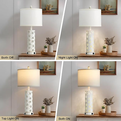 Set of 2 Rustic Table Lamps for Living Room Bedroom, Vintage Farmhouse Nightstand Lamp with 2 USB Ports, Hollow Out Metel Lamp for End Table with Nightlight (Retro White)