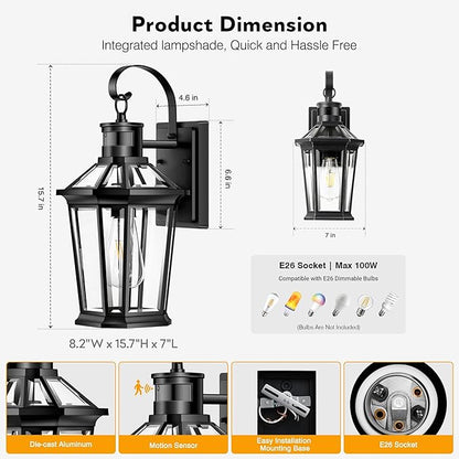 VIANIS Motion Sensor Outdoor Wall Lantern, Black Waterproof Dusk to Dawn LED Exterior Wall Sconce, Anti-Rust Aluminum Modern Outside Porch Light Wall Mount for House, Garage, Entryway 2 Pack