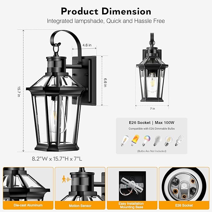 VIANIS Motion Sensor Outdoor Wall Lights, Dusk to Dawn Exterior Light Fixtures Wall Mount, Waterproof Modern Black Outside Front Porch Light, Anti-Rust Aluminum Outdoor Wall Sconce for House Garage
