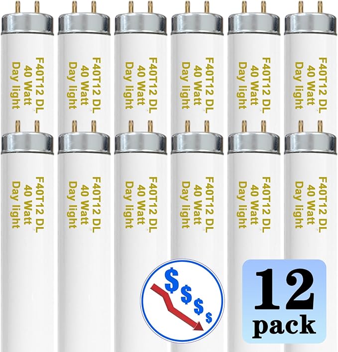 48 Inch F40T12/DL 40W 6500K Daylight Fluorescent Light Bulbs, 4ft T12 Linear Tube Lights F40T12/865, 2650 Lumens, G13 Bi-Pin 12 Pack