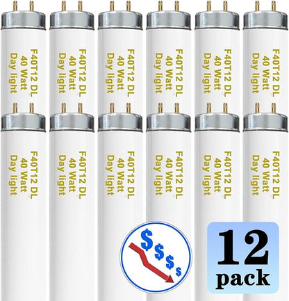 48 Inch F40T12/DL 40W 6500K Daylight Fluorescent Light Bulbs, 4ft T12 Linear Tube Lights F40T12/865, 2650 Lumens, G13 Bi-Pin 12 Pack