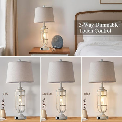 28" Table Lamps for Living Room Set of 2, Farmhouse Touch Lamps for Nightstand with USB A+C, Vintage Bedside Lamps for Bedroom End Tables, Bulbs Included