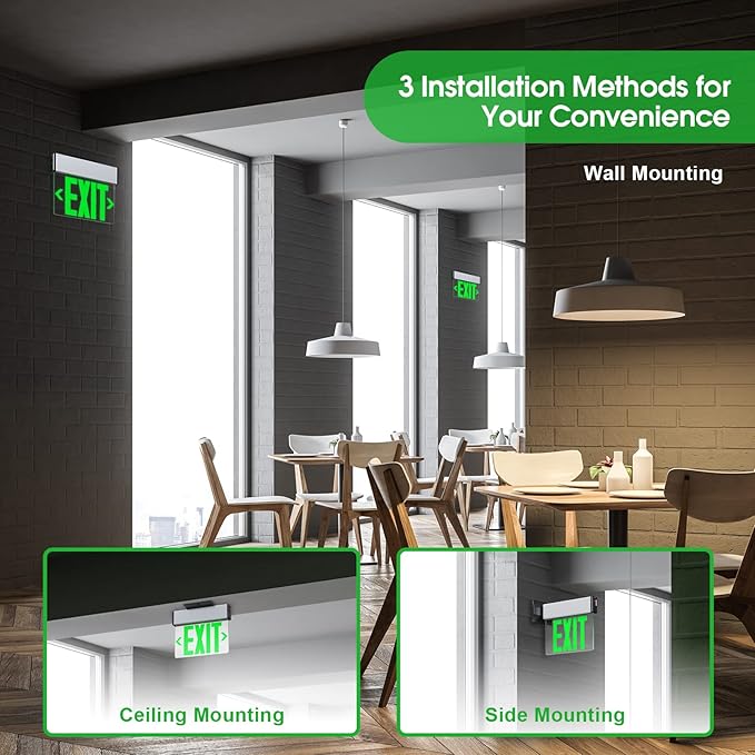 Green LED Edge Lit Exit Sign Brushed Aluminum Housing, UL Listed Emergency Exit Signs Single Sided Clear Acrylic with Battery Backup, AC 120-347V Hardwired Exit Lights, Top/Side/Wall Mount (4 Pack)
