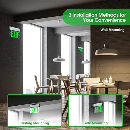 Green Led Edge Lit Exit Sign UL Listed, Brushed Aluminum Housing Double-Sides Mirrored Acrylic Emergency Exit Signs with Battery Backup, AC 120-347V Hardwired Exit Lights, Top/Side/Wall Mount (2 Pack)