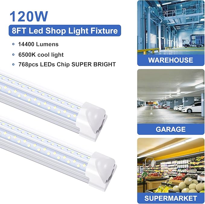 8 Foot V Shaped Led Light Tube T8 Integrated 96" 6000K Four Row 120W 14400 Lumens(300W Fluorescent Equivalent) Clear Cover Super Bright White Pack of 25