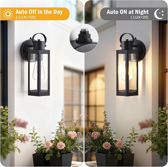 Dusk to Dawn Outdoor Lighting Fixtures, Black Waterproof Sconce Outside Lamp Exterior Wall Sconce Front Door Porch Wall Mount Light Fixtures Anti Rust Wall Lantern for Garage Doorway
