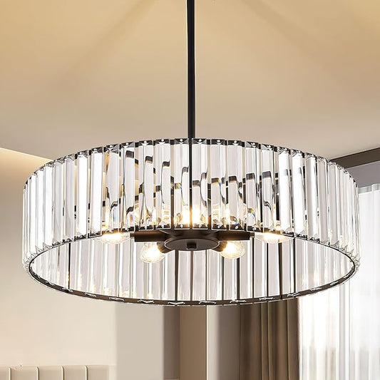 Modern Blcak Semi Flush Mount Ceiling Light, Crystal Dining Room Chandelier Light Fixture, 6-Light Drum Lighting Fixtures for Foyer Kitchen Living Room Bedroom (19.6 inch)