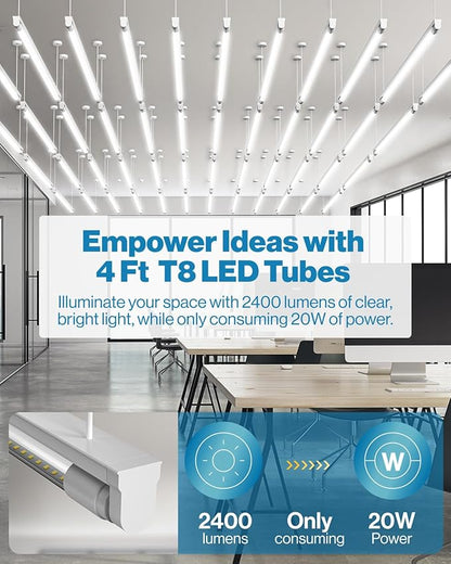 Sunco 20 Pack T8 LED Tubes 4FT Fluorescent Replacement Bypass Ballast or Plug and Play 20W 2400 LM 6000K Daylight Deluxe Ballast Compatible Single Ended or Double Ended Hybrid Type A+B Clear Lens.