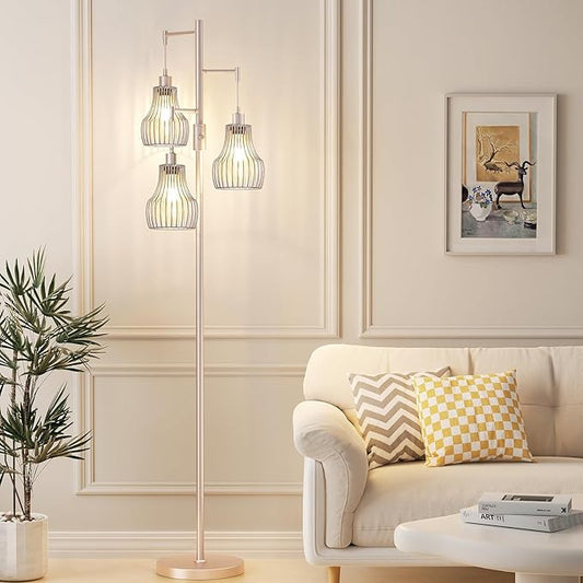 Dimmable Floor Lamps for Living Room, Industrial Tree Standing Tall Lamps with 3 Elegant Cage Shade & 650 Lumens LED Bulbs for Bedroom Office - Light Gold