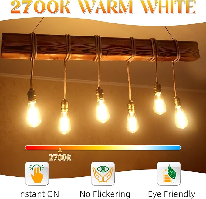 E26 Bulb, Non-Dimmable Edison Bulbs 60 watt LED Equivalent, 2700K Warm White, ST58 Vintage Light Bulbs, 90+ CRI, 6W 600LM, E26 Medium Base, Clear Glass, 18 Pack