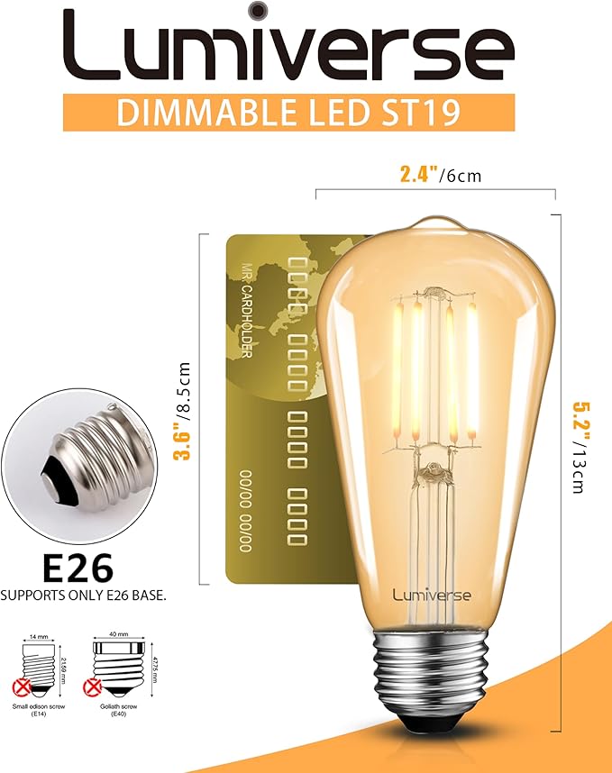 Lumiverse Dimmable Vintage LED Edison Bulbs, 60W Equivalent Dimmable Light Bulbs, 2200K Warm White, Antique Style ST58 LED Filament Bulbs, E26 Base LED Bulb 5.5W, Clear Glass, Pack of 60