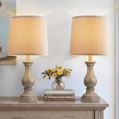 Seealle Farmhouse Table Lamps Set of 2 - Rustic Lamp for Bedroom Living Room, 22" Boho Bedside Lamps for Night Stands End Table Office Desk Lamp Nightstand with Linen Shades(Wood Painted)