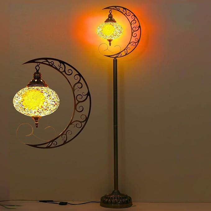 3D Crescent Moon Turkish Floor Lamp - 60 Inch Boho Lamp, 8 Inch Stained Glass Shade, Handmade for Living Room, Bulb Included (Multicolor,YUELFL-06)