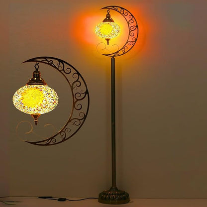 3D Crescent Moon Turkish Floor Lamp - 60 Inch Boho Lamp, 8 Inch Stained Glass Shade, Handmade for Living Room, Bulb Included (Multicolor,YUELFL-06)