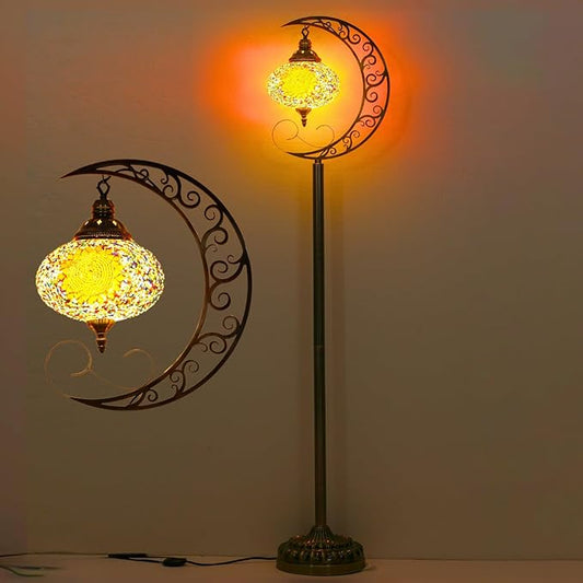 3D Crescent Moon Turkish Floor Lamp - 60 Inch Boho Lamp, 8 Inch Stained Glass Shade, Handmade for Living Room, Bulb Included (Multicolor,YUELFL-06)