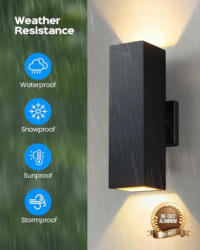 KIZON Dusk to Dawn Outdoor Lighting, Modern Outdoor Wall Light Up and Down Lights with LED Bulbs, Square Sconce Matte Black Exterior Lighting Fixture Wall Mount for House Porch, ETL Listed