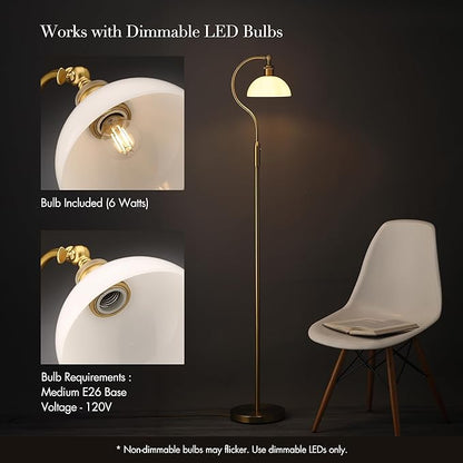 O’Bright Heritage - Banker’s Floor Lamp, 3-Level Touch Dimming, Adjustable Tilt Shade, Removable Lampshade Design, E26 Socket with 6W Dimmable LED Bulb, White Jade Glass Shade, Antique Brass