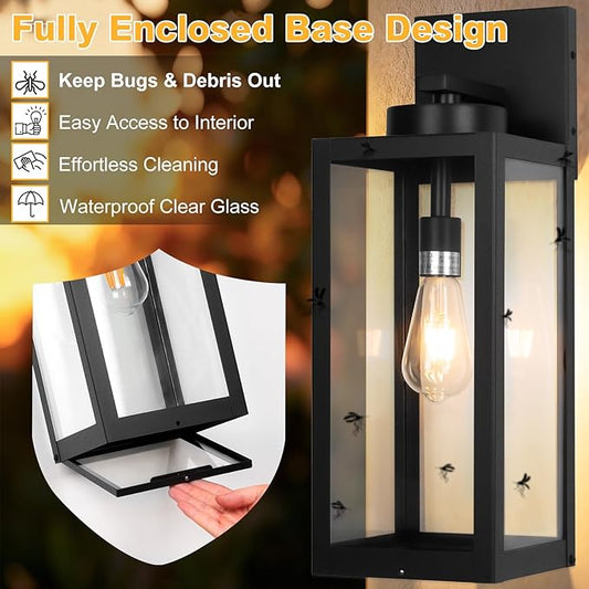 1 Pack 20" Large Outdoor Wall Lights with Closed Bottom - Black Outdoor Light Fixture Porch Lantern Wall Mounted, Waterproof Modern Exterior Wall Sconce Coach Lamps for House, E26