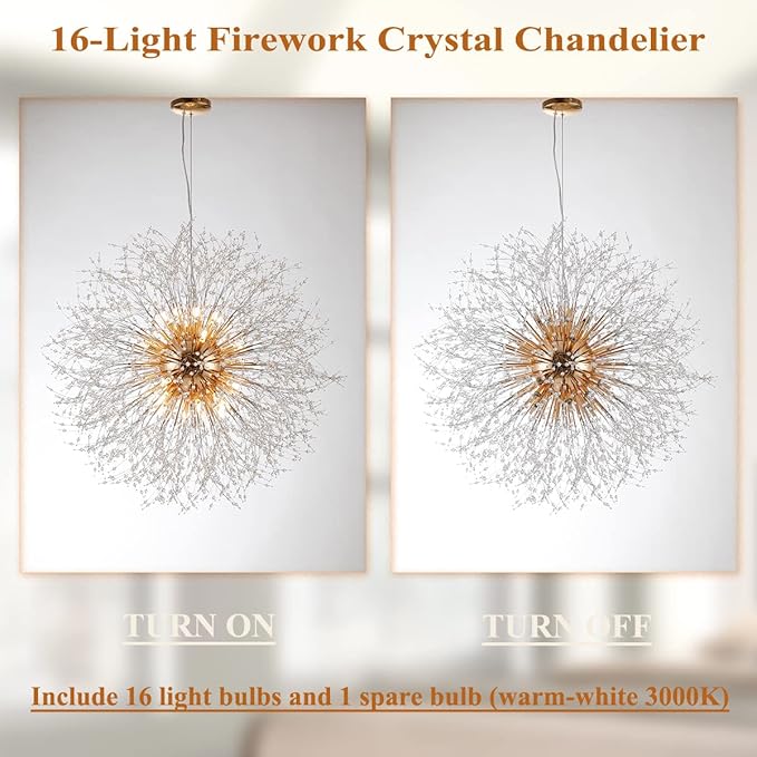 Large Fireworks Crystal Chandelier, 16-Light Gold Dandelion Pendant Lighting Fixtures, 80W LED Crystal Sputnik Hanging Lights for Hallway Living Room Bedroom