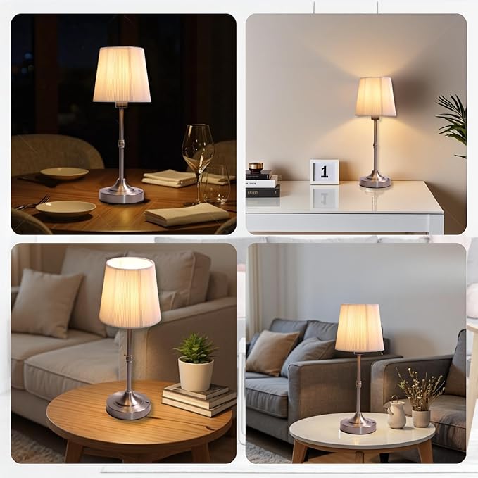 Rechargeable Table Lamp, Cordless Touch Lamps, Portable Desk Light with Stepless Dimmable Brightness & Fabric Shade for Nightstand Bedside Living Room (Silver, Twill)