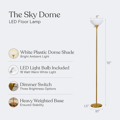 Brightech Sky Dome Dimmable LED Floor Lamp, Torchiere Floor Lamp for Living Room, Bedroom, & Office – Tall Torch Standing Lamp for Reading, Modern Home Decor – Brass/Gold