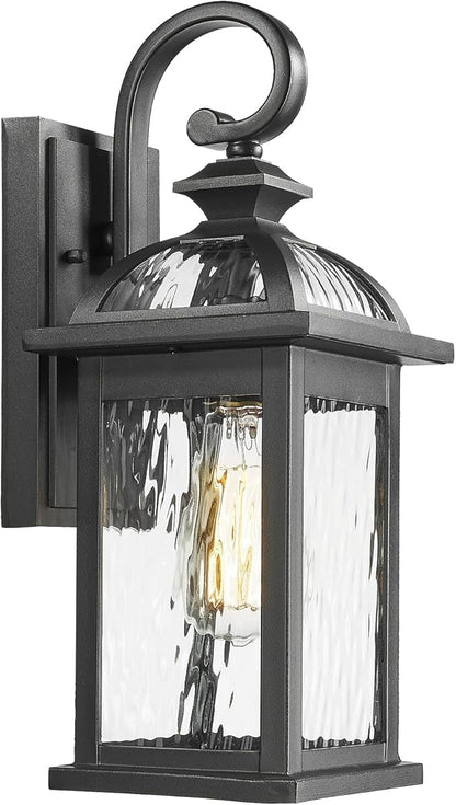 Darkaway Outdoor Lights Fixture Wall Mount, Exterior Wall Light with Water Ripple Glass Waterproof Black Outside Wall Sconce for House Porch Hallway Garage