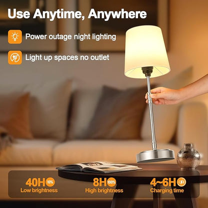 Cordless Table Lamps Set of 2 – Battery Operated Lamp with 7500mAh Rechargeable Battery, Stepless Dimmable Vintage Brushed Nickel Touch Desk Lamps for Dining Room, Nightstand & Patio (Bulbs Included)