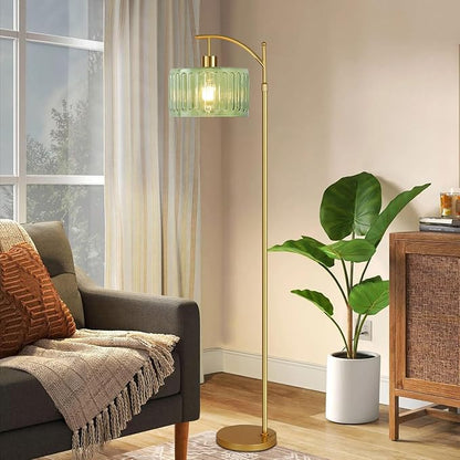 Glass Floor Lamp for Living Room,Bedroom,Gold Mid Century Modern Standing Lamp with Remote,Dimmable Brass Tall Lamp Vintage Retro Green Arc Flower Floor Light Boho Bohemian