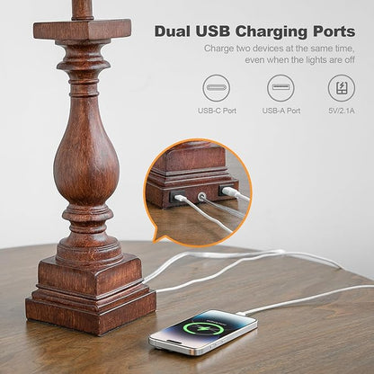 BOBOMOMO 27" Farmhouse Living Room Lamps with USB-A +C Ports, Vintage Rustic Bedside Night Stand Lamps Set of 2, Linen Shade, Retro Side Table Lamps for Living Room, Bedroom, Office, Home Decor