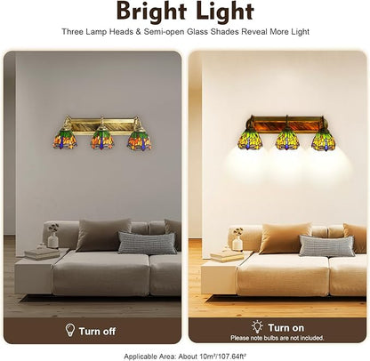 YIYIBYUS 3-Head Dragonfly Wall Sconce Lamp Tiffany Style Stained Glass Shade Vintage Wall Mount Lamp for Bedroom, Living Room and Hotel
