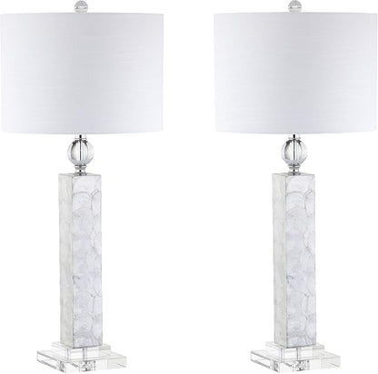 JONATHAN Y JYL4006A-SET2 32" Modern Coastal Seashell Table Lamp Set of 2 for Living Room Bedroom, Contemporary Column Bedside Nightstand Lamps with Crystal Base and White Linen Drum Shade, White