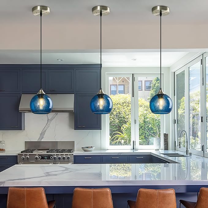 Blue Glass Pendant Lights Kitchen Island Lighting Globe Pendant Light Fixtures Modern Lighting for Kitchen Island Bedroom Living Dining Room (5.9in, 2-Pack)