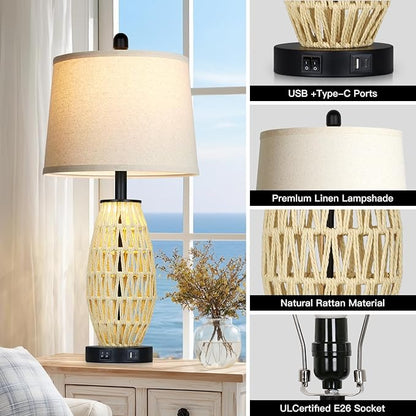 UXEFLOW 27" Beige Rattan Lamps with Night Light, Coastal Bedside Table Lamps Set of 2, Woven Wicker Bedroom Nightstand Lamp with USB A+C Charging Port & AC Outlet, Tall Farmhouse Lamp for Living Room