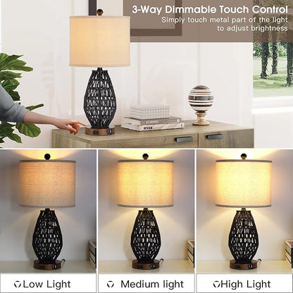 Touch Control Rattan Table Lamps, 3 Way Dimmable Bedside Lamps for Bedroom Set of 2 with 2 USB Ports and AC Outlet, Wicker Nightstand Lamps for Living Room (LED Bulbs Included), Black