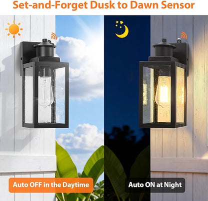 BesLowe 2-Pack Dusk to Dawn Outdoor Wall Lights, Modern Porch Lights Outdoor Sconces with Seeded Glass, Matte Black Exterior Lighting Fixtures Wall Mount, Outside Lights for House Front Door Garage