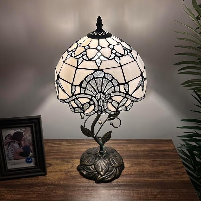 White Stained Glass Table Lamp Baroque Style Lavender Included LED Bulb for Living Room Bedroom Bedside 10" W*10" D*20" H