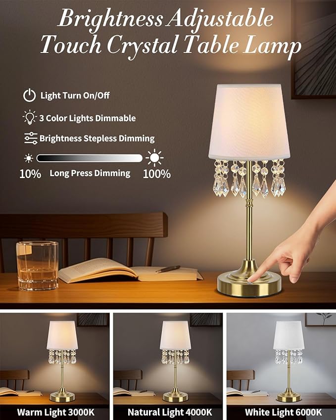 Cordless Table Lamp with Dangling Crystals, 3 Color Temperature Dimmable Rechargeable Lamp, 5200mAh Battery Operated Ambient Light for Bedroom,Living Room,Restaurant,Bar,Home Decor Lights