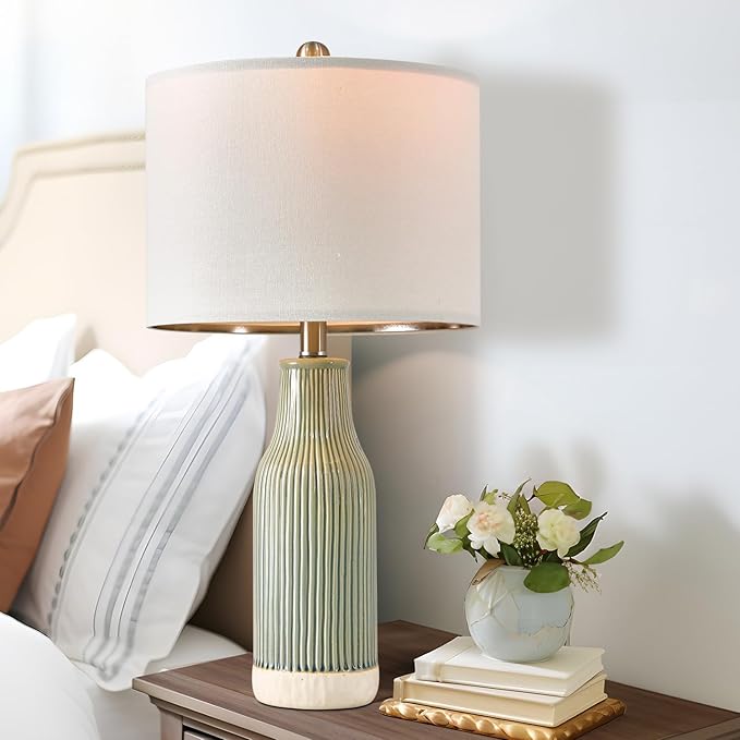 23.75" Modern Green Ceramic Table Lamp Set of 2 for Living Room, Farmhouse Bedside Nightstand Lamp for Bedroom Home Office Dorm