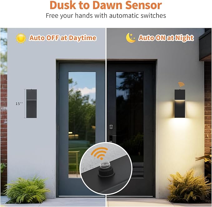tewei Modern LED Outdoor Wall Sconce, 15'' Dusk to Dawn Outdoor Lighting Exterior Wall Lights, Black LED Front Porch Lights Outside Wall Mount Lighting for House, Backyard, Warm White 3000K, 1 Pack