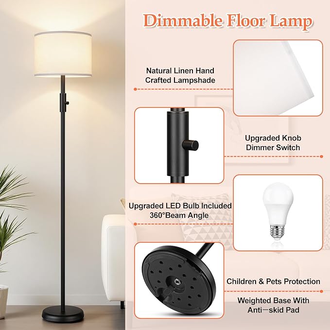 【Upgraded】 Dimmable Floor Lamp, 1000 Lumens LED Bulb Included, Modern Floor Lamps Simple Design with White Shade for Living Room, Tall Standing Lamp for Bedroom Office Dining Room, Black Pole Lamp