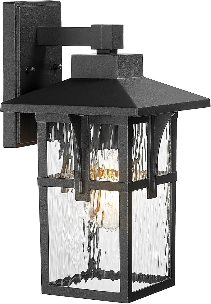 Outdoor Light Fixtures Wall Mount, HWH Outdoor Wall Lantern with Water Ripple Glass, 1-Light Porch Light in Matte Black Finish, Patio Balcony Indoor, 5HX62B-SW BK