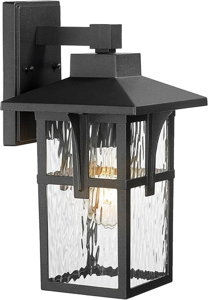 Outdoor Light Fixtures Wall Mount, HWH Outdoor Wall Lantern with Water Ripple Glass, 1-Light Porch Light in Matte Black Finish, Patio Balcony Indoor, 5HX62B-SW BK