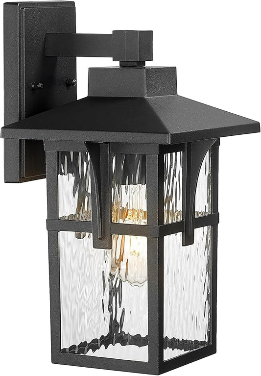 Outdoor Light Fixtures Wall Mount, HWH Outdoor Wall Lantern with Water Ripple Glass, 1-Light Porch Light in Matte Black Finish, Patio Balcony Indoor, 5HX62B-SW BK