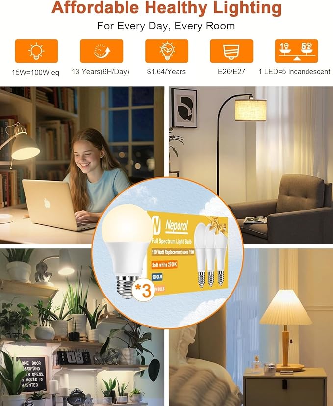 Neporal Full Spectrum Light Bulb 15W LED=100W, 2700K Flicker-Free Warm Light Bulbs, UV-Free & High CRI & Eye-Caring Sunlight Light Bulbs for Human, Home, Office, Plant, E26/E27, 30000H Lifespan, 3PK