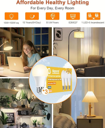 Neporal Full Spectrum Light Bulb 15W LED=100W, 2700K Flicker-Free Warm Light Bulbs, UV-Free & High CRI & Eye-Caring Sunlight Light Bulbs for Human, Home, Office, Plant, E26/E27, 30000H Lifespan, 3PK