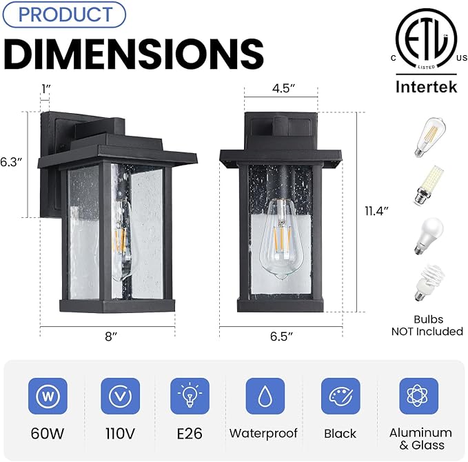 Outdoor Wall Sconce, Outside Porch Light Fixtures, Wall Mount Anti-Rust Exterior Wall Lights in Wood Grain Finish & Black Finish with Seeded Glass for Garage Doorway Entryway